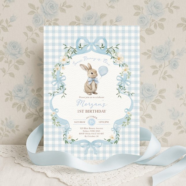 Some Bunny is One Blaues Schleifen-Gingham 1. Gebu Einladung (Von Creator hochgeladen)