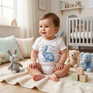 Some Bunny Loves Me Floral Blue Victorian Vintage  Baby Strampler