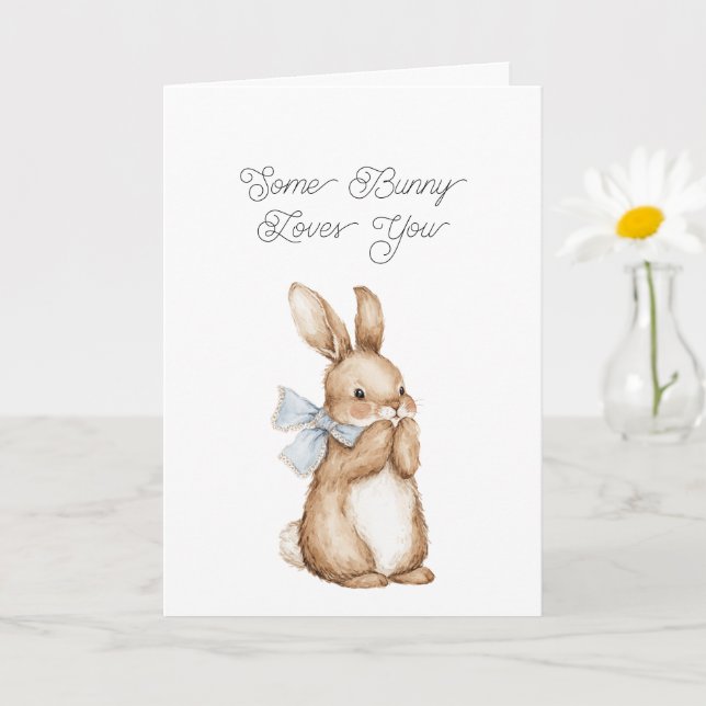 Some Bunny Loves You Blue Bow Karte (Kleine Pflanze)