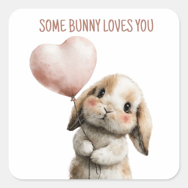 Some Bunny Loves You with Heart Balloon Quadratischer Aufkleber (Vorderseite)