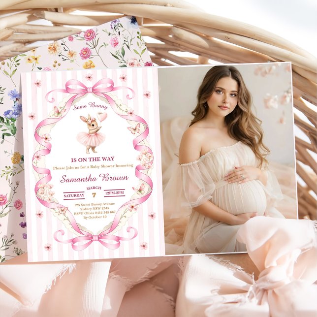 Some Bunny Pink Bow Gingham Baby Shower Einladung (Von Creator hochgeladen)