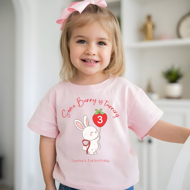 Some Bunny Strawberry Pink Birthday Photo Baby T-shirt (Von Creator hochgeladen)