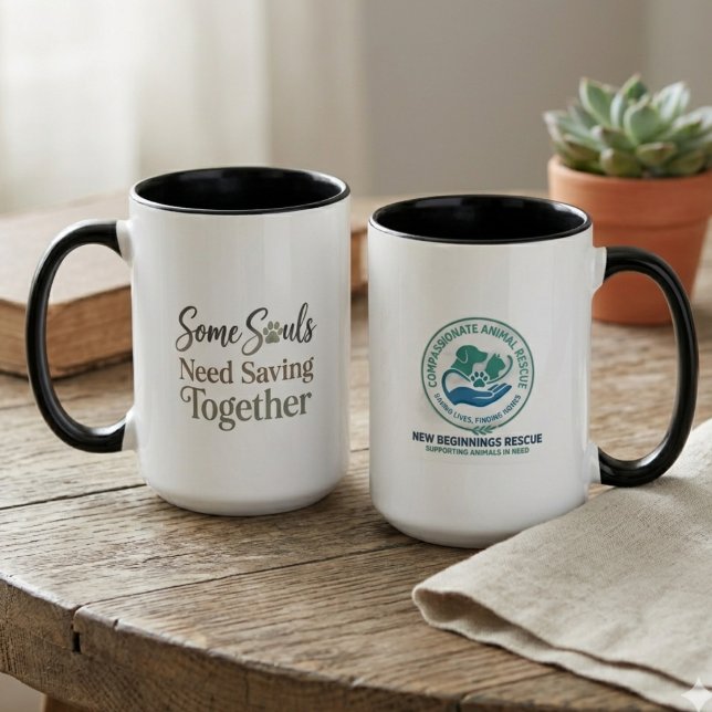 Some Souls Need Saving Together Rettungslogo Tasse (A black handled mug for a rescue founder to use during a shelter fundraising event.)