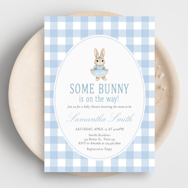 Somebunny Baby Shower Einladung (Gingham Little Bunny Baby Shower Invitation)