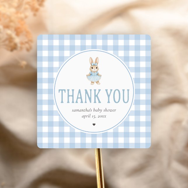Somebunny Baby Shower Quadratischer Aufkleber (Gingham Little Bunny Baby Shower Sticker)