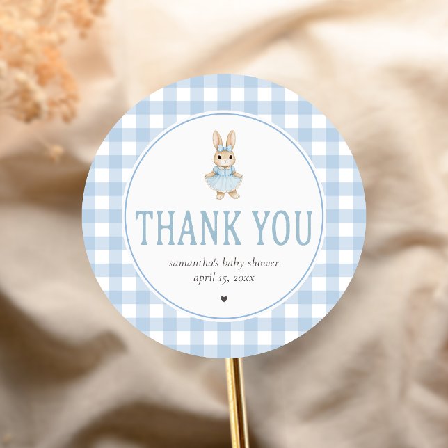 Somebunny Baby Shower Runder Aufkleber (Gingham Little Bunny Baby Shower Sticker)