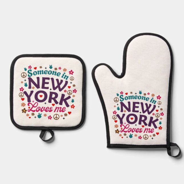 Someone in New York Loves Me Retro Funny Design Ofenhandschuh & Topflappen-Set (Vorderseite)
