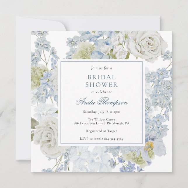 Something Blue Floral Ribbon Bridal Shower Einladung (Vorderseite)