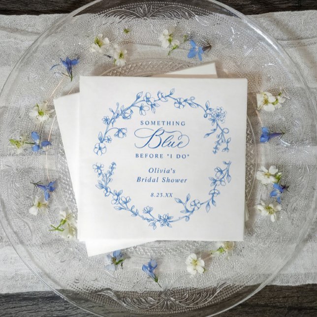 Something Blue French Toile Wreath Bridal Shower Serviette (Blue and white wildflower bridal shower napkins with French vintage toile design)