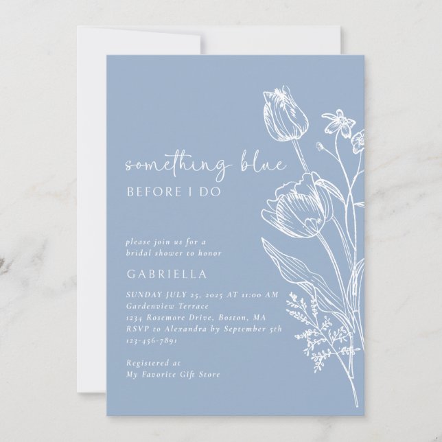 Something Blue Line Art Floral Bridal Shower Einladung (Vorderseite)