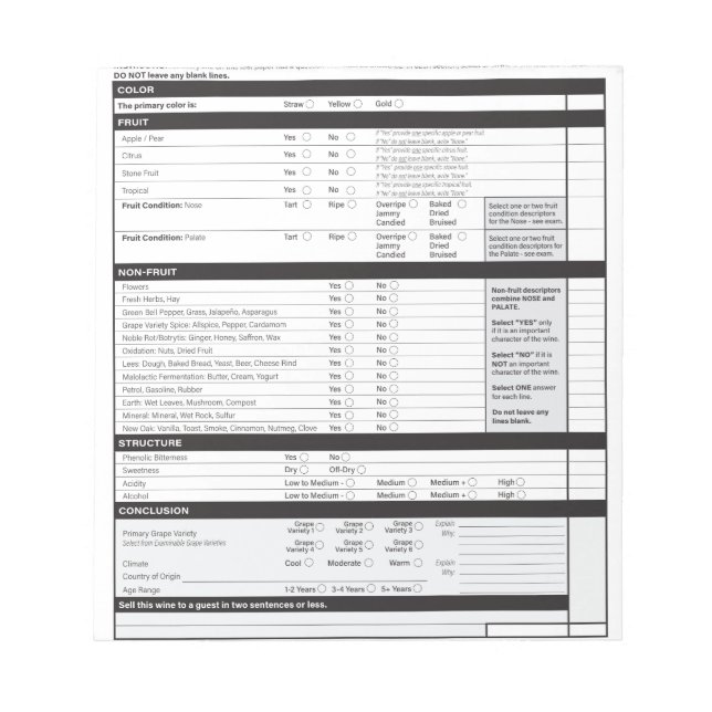 Sommelier Deductive Degustationsgitter Weißer Wein Notizblock (Vorderseite)