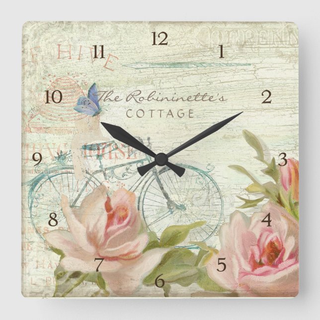 Sommer an der Hütte Rose Bicycle Butterfly Bienen Quadratische Wanduhr (Vorderseite)
