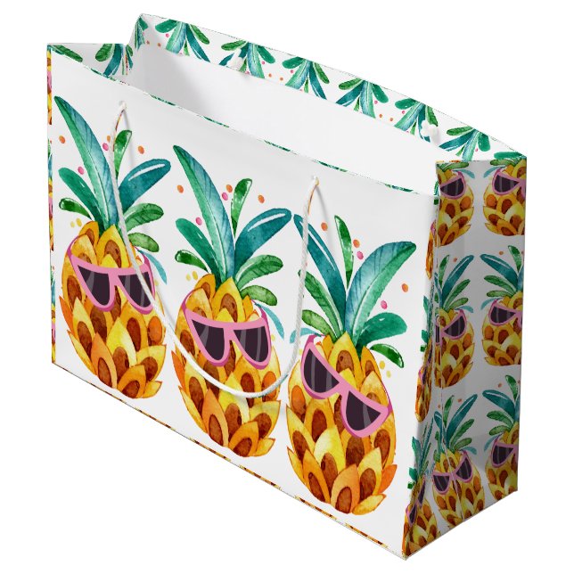 Sommer Ananas Aquarellbilder Große Geschenktüte (Rückseite Schrägansicht)