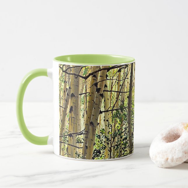 Sommer-Aspen-Baumlandschaft-Violett-Grüner Kaffee Tasse (Mit Donut)