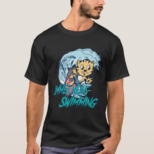 Sommer bedeutet Schwimmen - Katze mit Surfbrett un T-Shirt (Vorderseite)