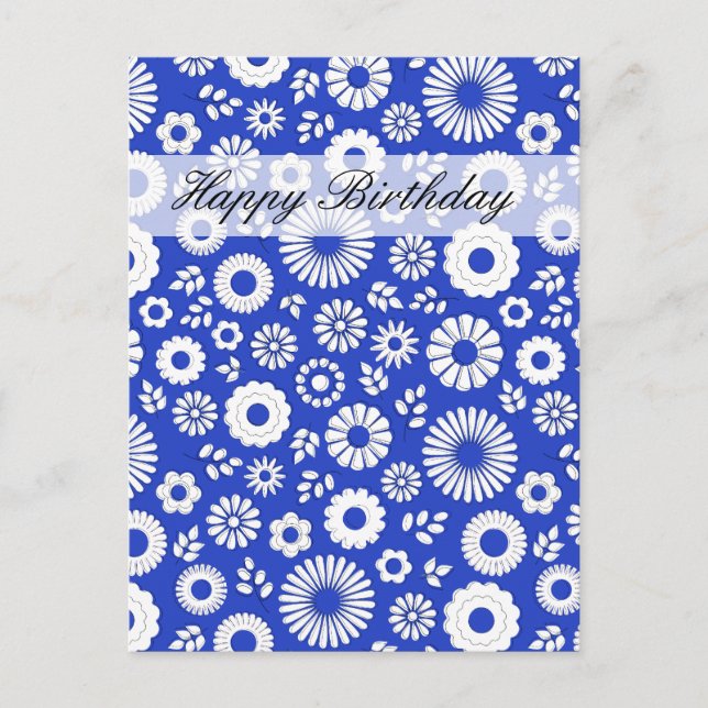 Sommer blumentief blau Happy Birthday Postcard Postkarte (Vorderseite)