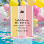 Sommer Cabana Stripes Küste 30. Geburtstag Einladung<br><div class="desc">Ein farbenfroher Cabana-Streifen in den Sommerfarben Gelb und Rosa macht diesen Pop zum 30. Geburtstag im Stil der Küstenregion. Es ist eine gute Wahl für Party am Strand, am Pool oder im Sommer. Eine Palmenskizze aus Single an der Spitze des Designs verleiht den Tropen eine Touch. Personalisieren Sie die Textvorlage...</div>