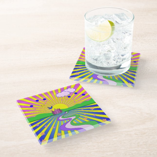 Sommer der Liebe Farbenfrohe psychedelische 60er 7 Glasuntersetzer (Schrägansicht)