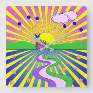 Sommer der Liebe Farbenfrohe psychedelische 60er 7 Quadratische Wanduhr