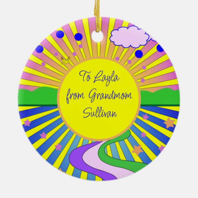 Sommer der Liebe Groovy Psychedelic Custom Text Keramik Ornament (Hinten)