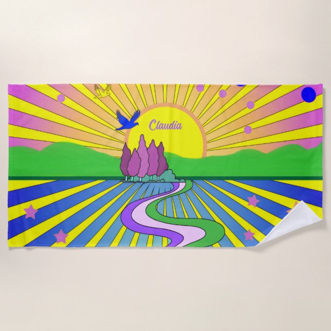 Sommer der Liebe Psychedelischer Sonnenausbruch Be Strandtuch (Vorderseite)