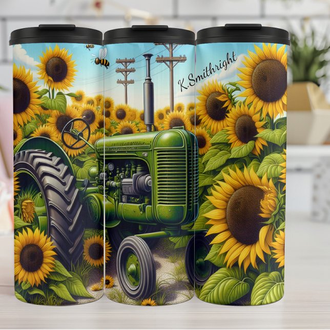 Sommer des Sonnenblumen Feld Grüner Traktor Thermosbecher (Von Creator hochgeladen)