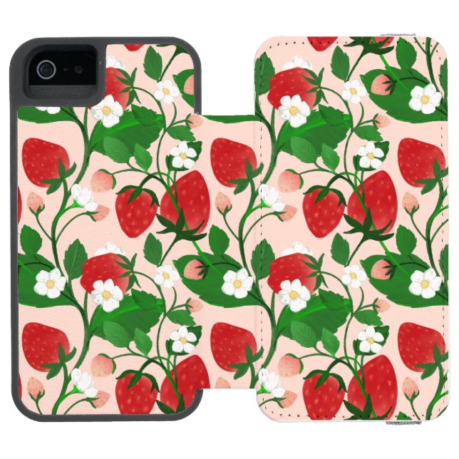 Sommer-Erdbeere in Rosa Incipio iPhone Geldbeutel-Hülle (Folio Geöffnet)