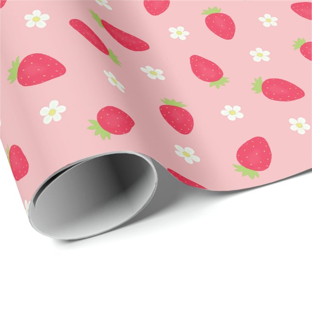 Sommer-Erdbeeren auf Rosa (großer Maßstab) Geschenkpapier (Rolleneckpunkt)
