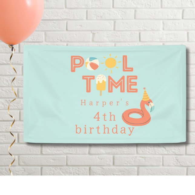 Sommer Flamingo-Eis Kinder Geburtstagspoolparty Banner (pool time flamingo sun popsicle beach ball birthday pool party personalized banner sign)