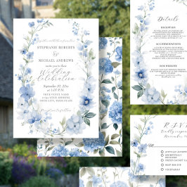 Sommer Flora Elegant Blauer und weiße Hochzeit Einladung