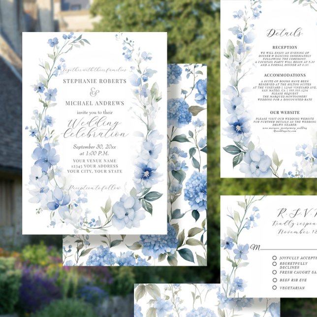 Sommer Flora Elegant Blauer und weiße Hochzeit Einladung (Von Creator hochgeladen)