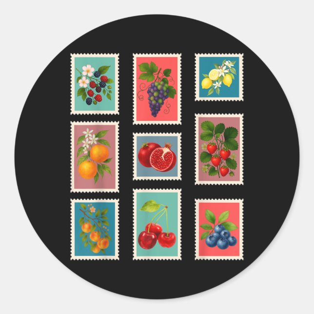 Sommer-Frucht-Stempel Vintage-Frucht-Poststempel Runder Aufkleber (Vorderseite)