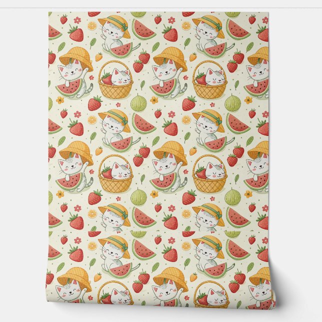 Sommer-Früchte-Katzen-Muster - Picknick-Design für Tapete (Abrollen)