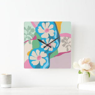 Sommer Gänseblümchen Farbblöcke Moderne Floral Quadratische Wanduhr