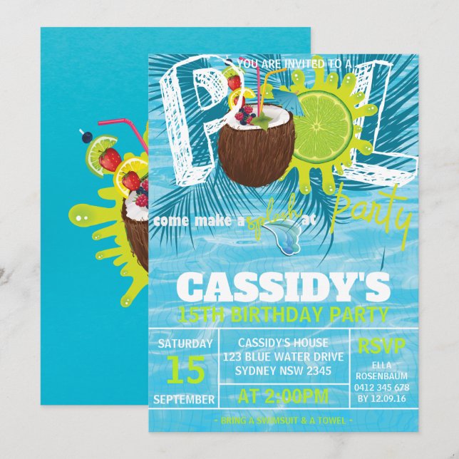 Sommer Geburtstag Pool Party Kokosnuss Einladung (Vorne/Hinten)