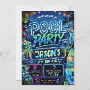 Sommer-Glow-Neon-Poolparty-Jungen-Geburtstag Einladung