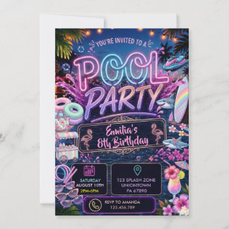 Sommer-Glow-Neon-Poolparty-Mädchen-Geburtstag Einladung