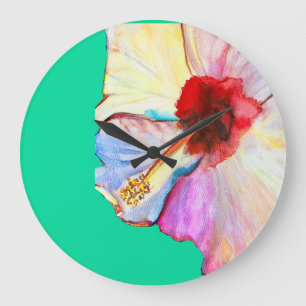 Sommer-Hibiskus-Aquarellkunst Große Wanduhr
