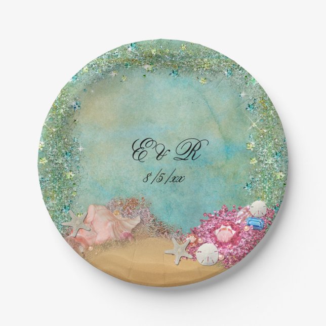 Sommer, Hochzeit am Strand, Muscheln, Teller (Vorderseite)