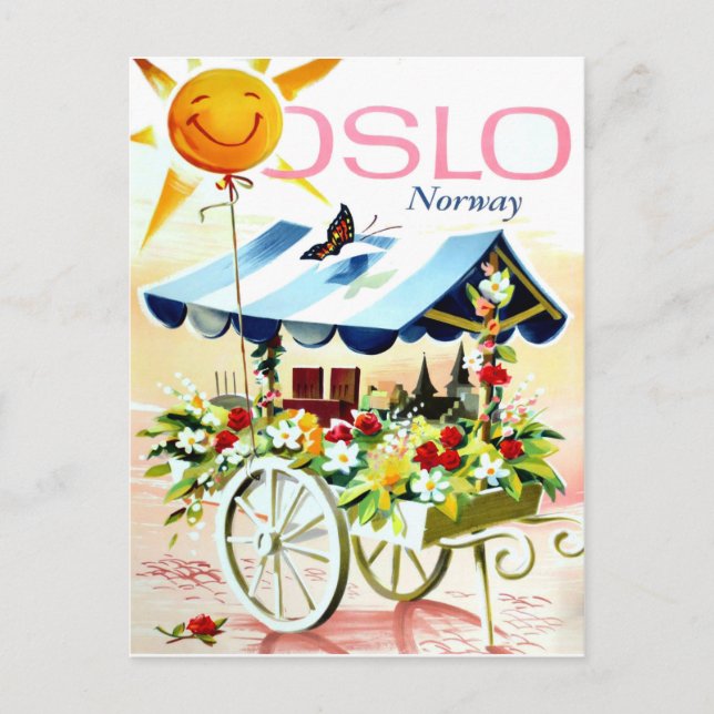 Sommer in Oslo, Norwegen. Blume Warenkorb und Happ Postkarte (Vorderseite)