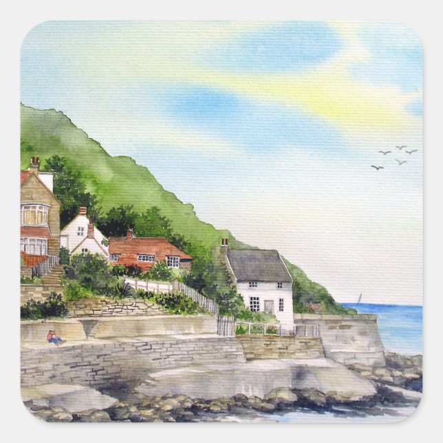 Sommer in Runswick Bay England Farida Greenfield Quadratischer Aufkleber (Vorderseite)