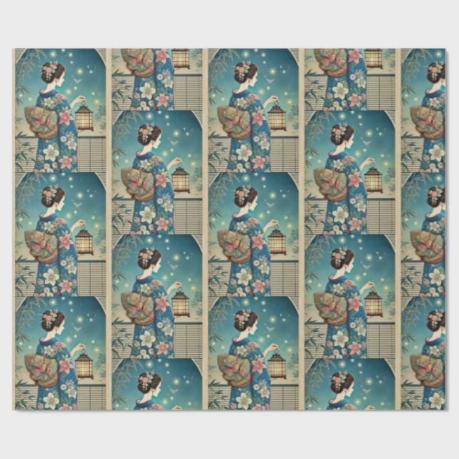 Sommer-Kimono & Glühwürmchen Geschenkpapier (Flach)