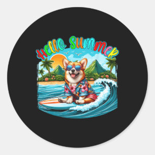 Sommer Kostüm Corgi Sungles Surfen Auf Dem Strand Runder Aufkleber