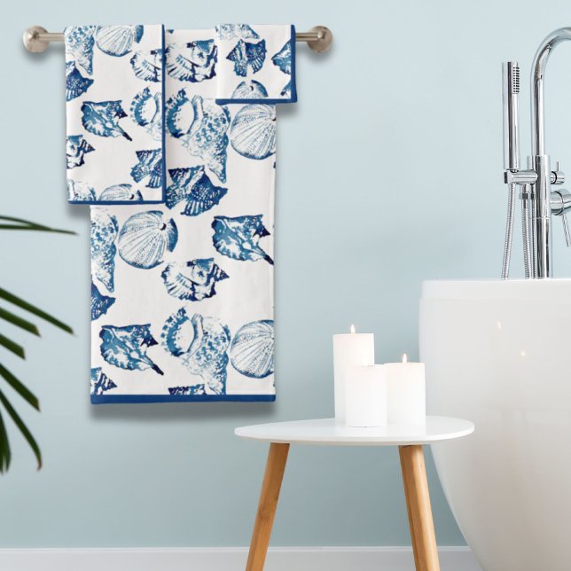 Sommer Küste Strand Seaside Navy Blue Seashell Badhandtuch Set (Summer Coastal Beach Seaside Navy Blue Seashell Bath Towel Set)