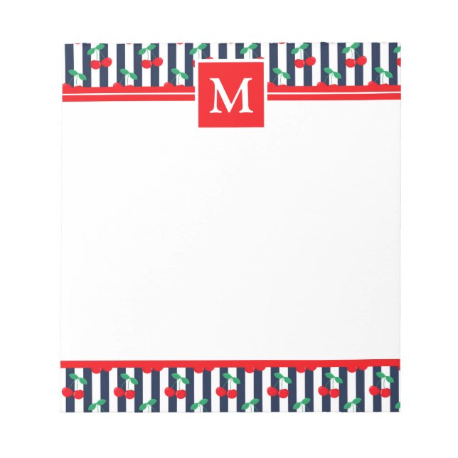 Sommer Leuchtend Blau & Rote Kirschen Monogramm Notizblock (Vorderseite)