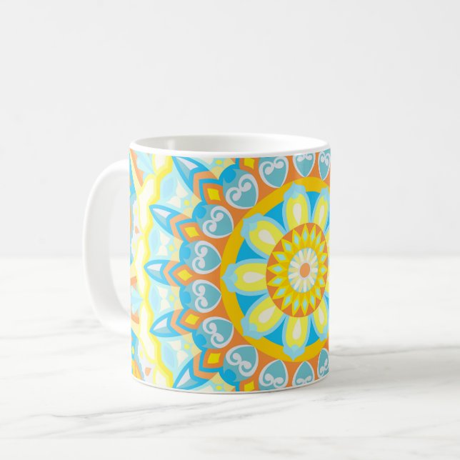 Sommer-Mandala Gelb Orange Blau Boho Floral Kaffeetasse (Vorderseite Links)