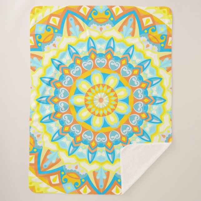 Sommer-Mandala Hellgelb Orange Cozy Boho Sherpadecke (Vorderseite)