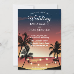 Sommer mit Sonnenuntergang Palmen Hochzeit Einladung