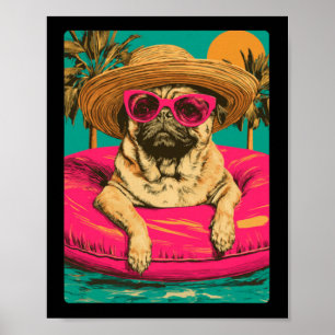 Sommer-Mops mit Sungles Süßer Hund Tropischer Pool Poster