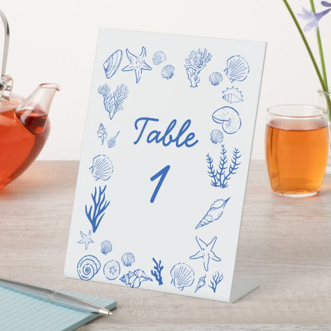 Sommer-Muscheln Rahmen Strandhochzeit Blau Sockelschild (In Situ)